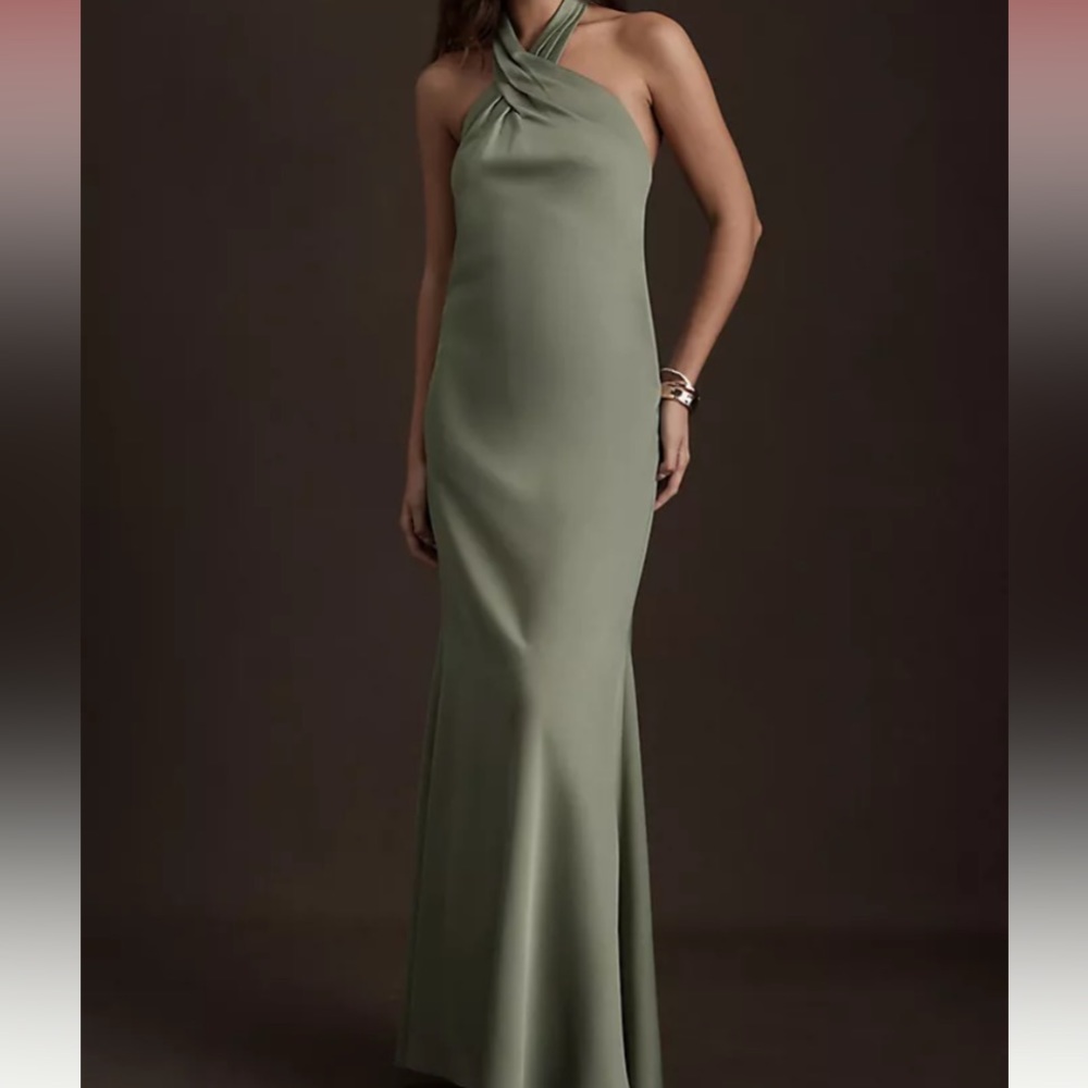 BHLDN Ruby Twist Halter Satin Gown - color moss
